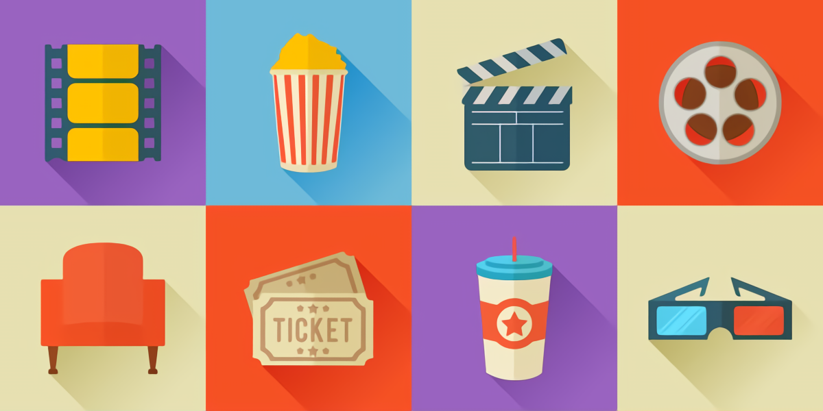 Icones de pipoca, cadeiras, rolo de filme e outros itens de cinema em flat design